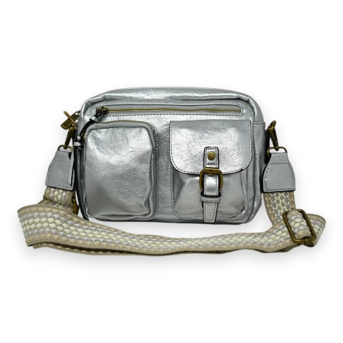 Sac bandoulière argenté rectangle multi poches