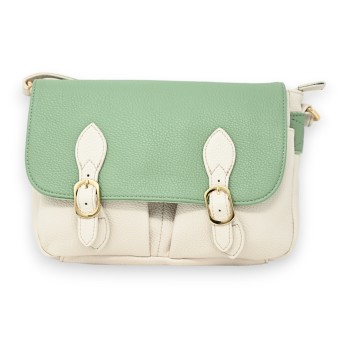 Sac cartable bandoulière bi colore beige et vert