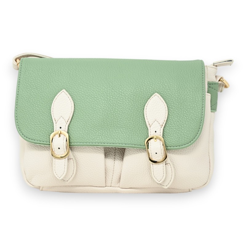 Sac cartable bandoulière bi colore beige et vert