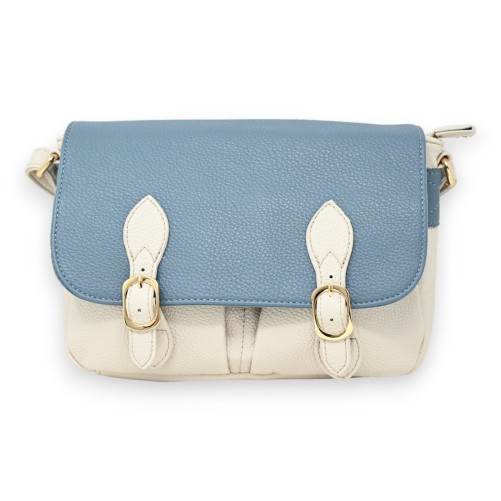 Sac cartable bandoulière bi colore beige et bleu jeans