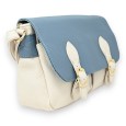 Sac cartable bandoulière bi colore beige et bleu jeans