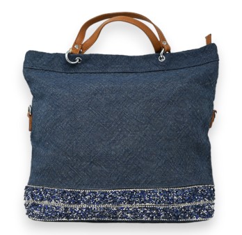 Sac à main tissu jeans bleu brut bande de pierre brillante