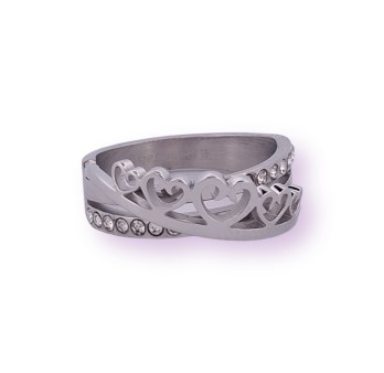 Bague coeur et strass entrelacer acier argenté