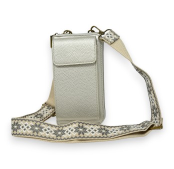 Pochette bandoulière téléphone et portefeuille beige nacre