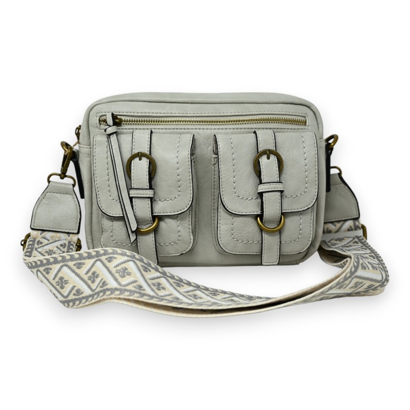Sac bandoulière gris clair rectangle 2 poches reliefs