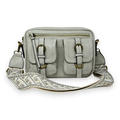 Sac bandoulière gris clair rectangle 2 poches reliefs