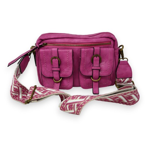 Sac bandoulière fuschia rectangle 2 poches en reliefs