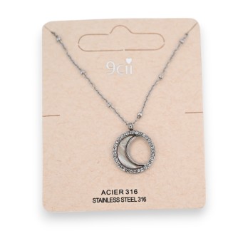 Collier acier argenté demi lune nacre