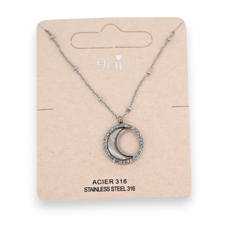 Collier acier argenté demi lune nacre