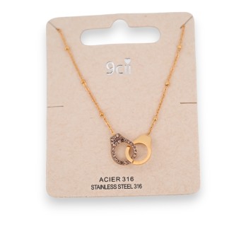 Collier acier doré petite menotte uni et strass rose
