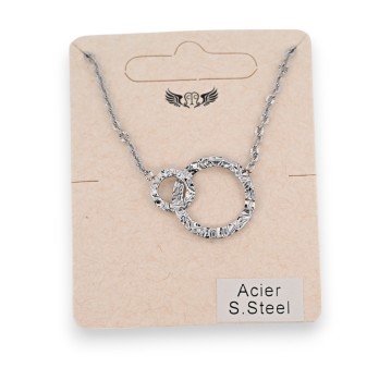 Collier acier argenté 2 cercles enlacés striés