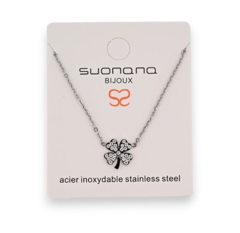 Collier acier argenté trèfle porte bonheur strass