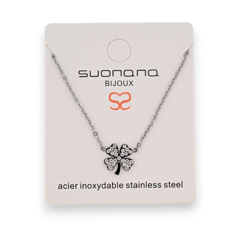 Collier acier argenté trèfle porte bonheur strass