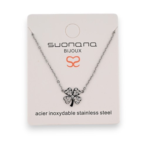 Collier acier argenté trèfle porte bonheur strass