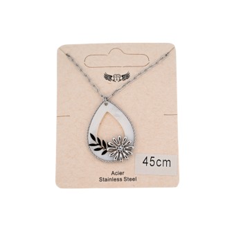 Collier acier argenté nacre médaillon ajouré fleurs