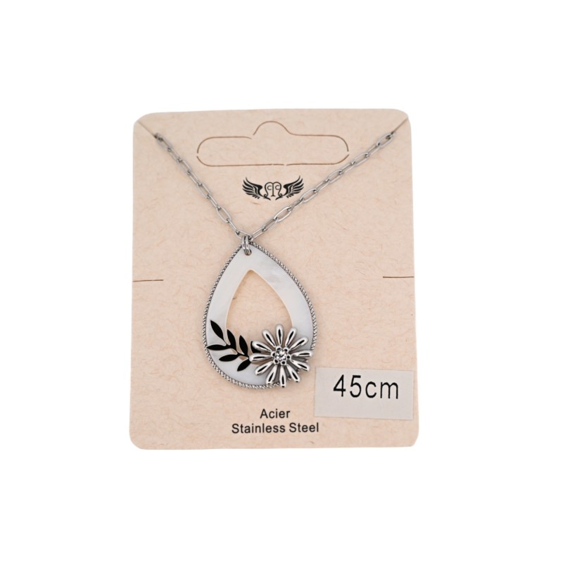 Collier acier argenté nacre médaillon ajouré fleurs