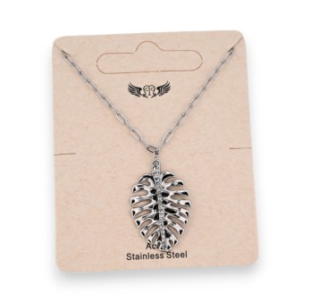 Collier acier argenté feuille tropical