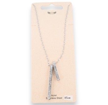 Collier acier argenté 2 tubes de strass scintillants