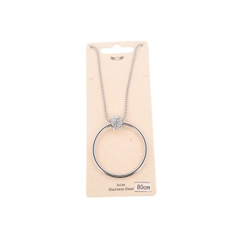 Collier acier argenté cercle ajouré et charms strass