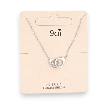 Collier acier argenté petite menotte uni et strass
