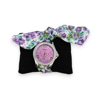 Montre fantaisie bracelet tissu floral parme et vert