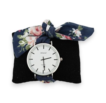 Montre bracelet tissu fleurs bleu marine