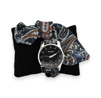 Montre bracelet tissu imprimé cashmire bleu marine kaki
