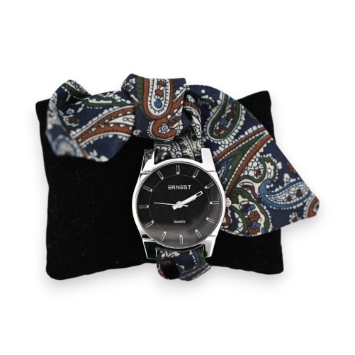 Montre bracelet tissu imprimé cashmire bleu marine kaki