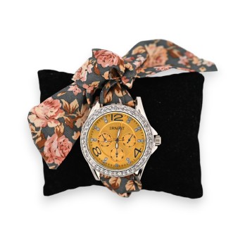 Montre bracelet tissu motif floral cadran moutarde