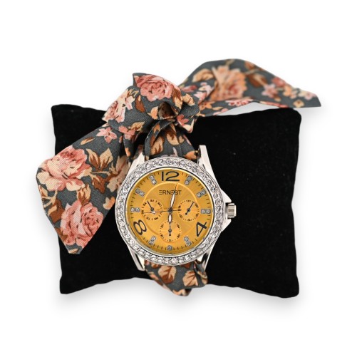 Montre bracelet tissu motif floral cadran moutarde