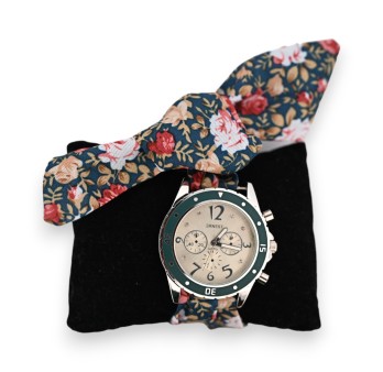 Montre bracelet tissu motifs floral vert bouteille