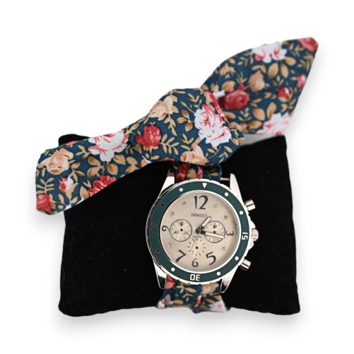 Montre bracelet tissu motifs floral vert bouteille