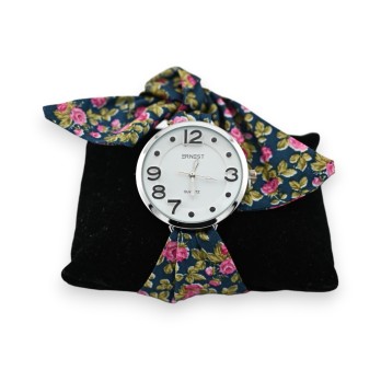 Montre bracelet tissu bleu canard fleur rose