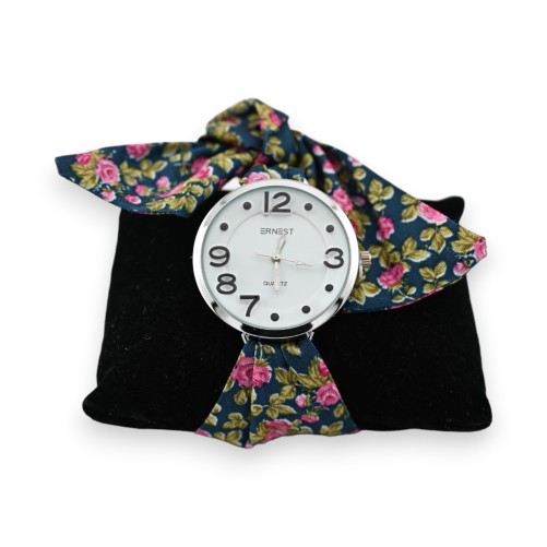 Montre bracelet tissu bleu canard fleur rose