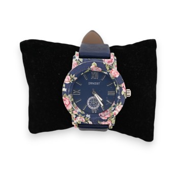 Montre simili cuir bleu marine cadran fleuri rose