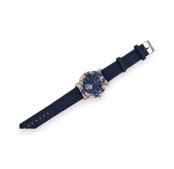 Montre simili cuir bleu marine cadran fleuri rose