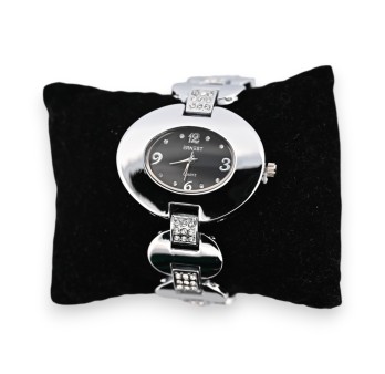 Montre fantaisie argenté cadran noir ovale