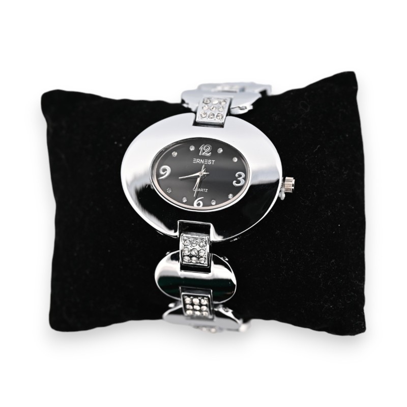 Montre fantaisie argenté cadran noir ovale
