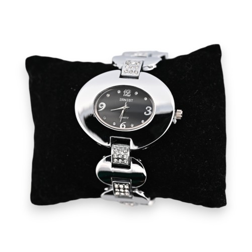Montre fantaisie argenté cadran noir ovale