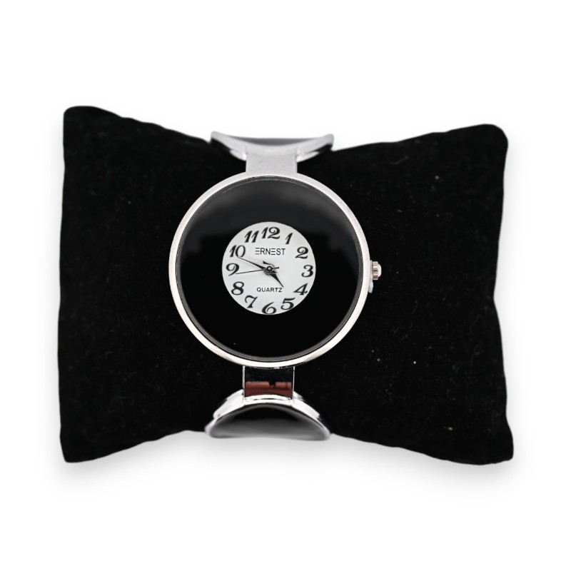 Montre bracelet fantaisie argentée pois noirs