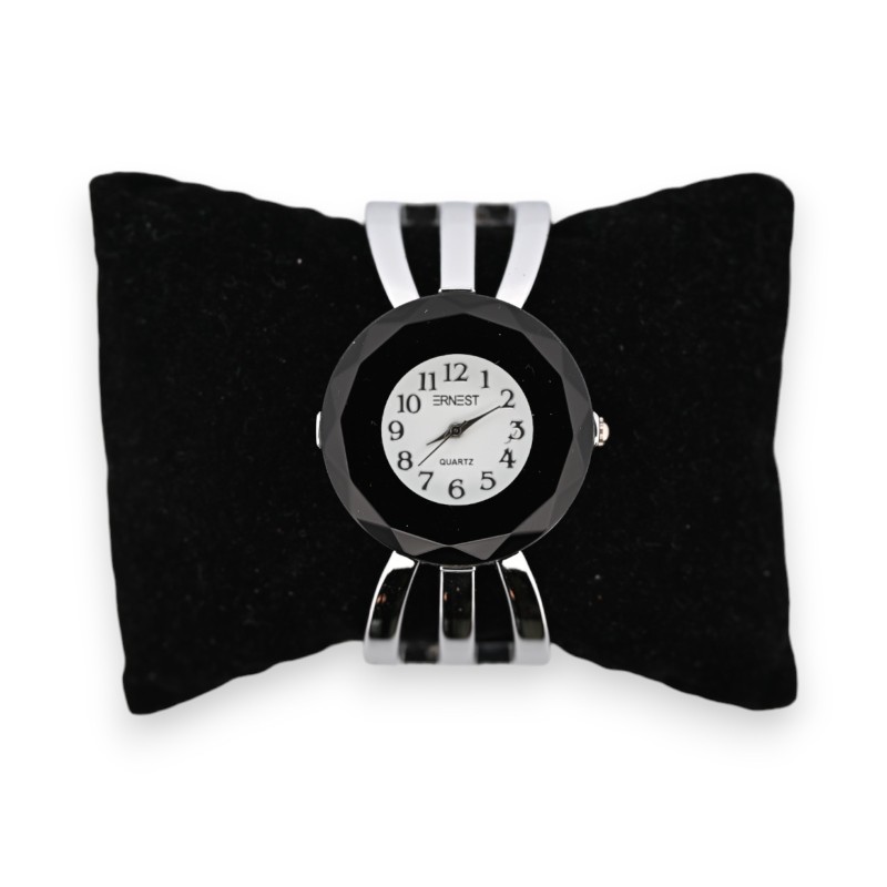 Montre bracelet fantaisie argentée cadran noir facette