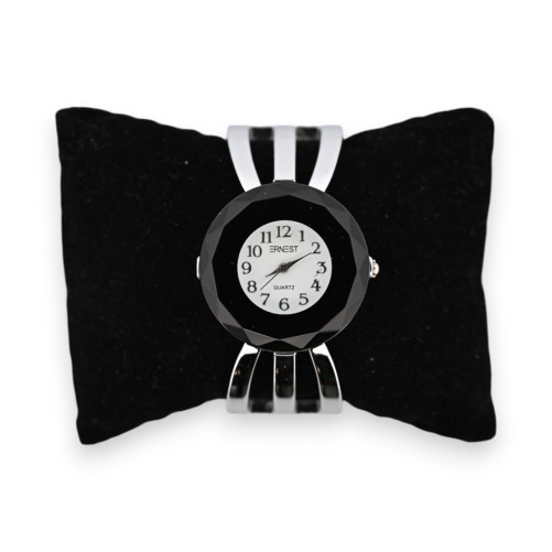 Montre bracelet fantaisie argentée cadran noir facette