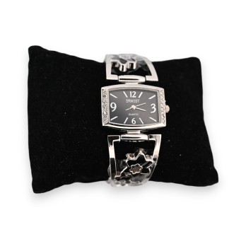Montre fantaisie argentée détails fleurs noires