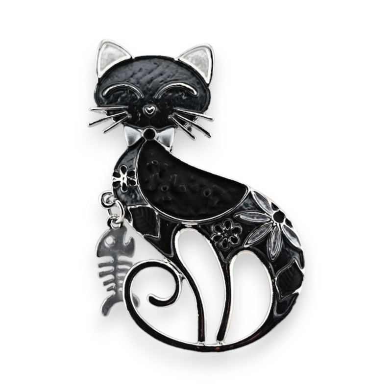 Broche aimantée argenté chat noir design