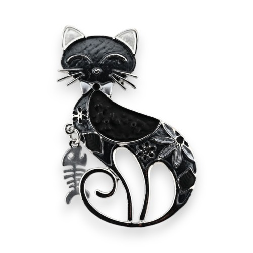 Broche aimantée argenté chat noir design