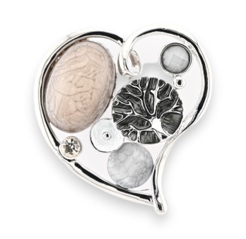 Broche aimantée argentée coeur design pierres