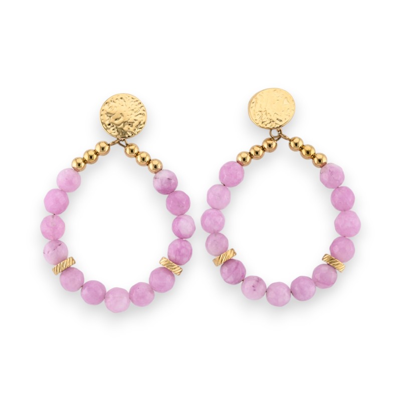 Boucles d'oreilles créoles acier doré perles Améthyste