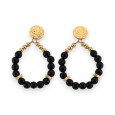 Boucles d'oreilles créoles acier doré perles Agate noire