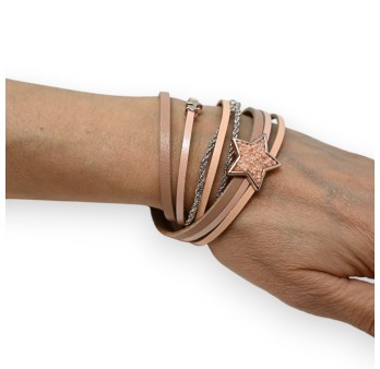 Bracelet double cuir rose étoile