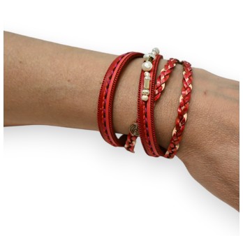 Bracelet double cuir tresse rouge